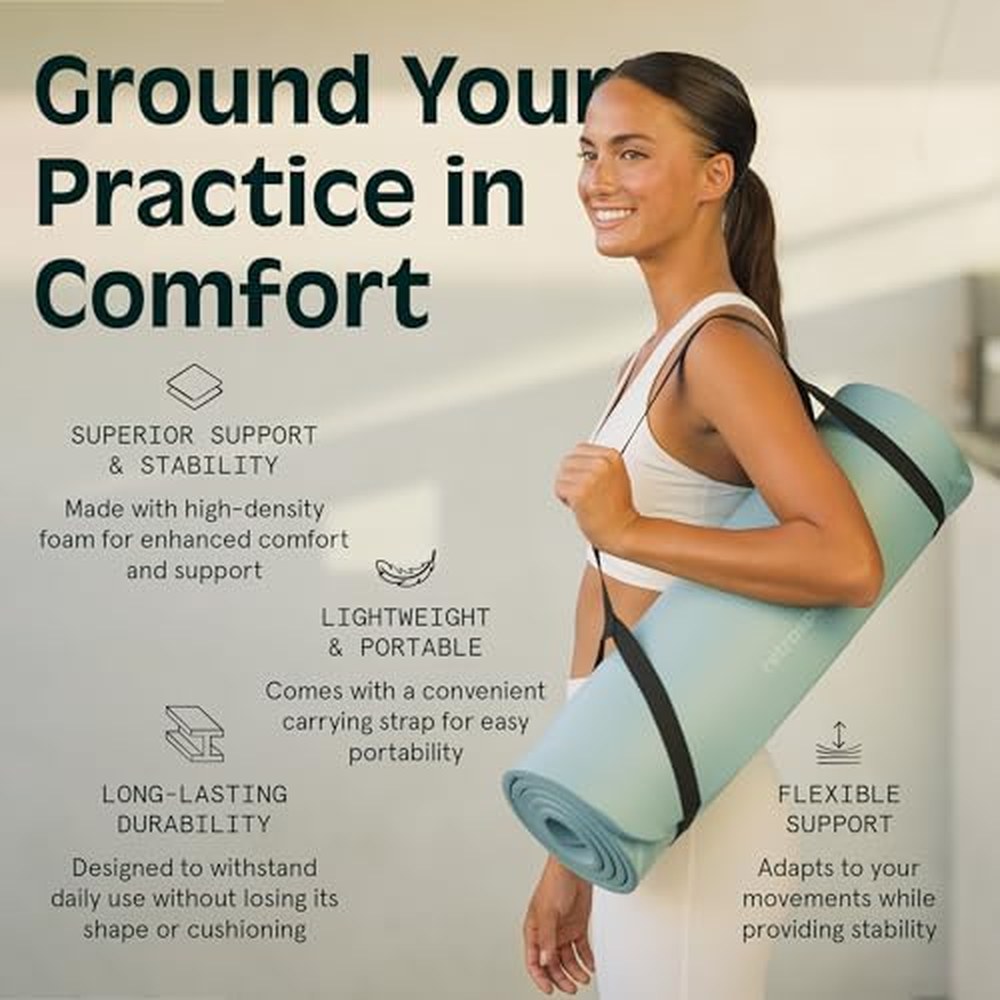 Woman carrying Retrospec Solana yoga mat with feature callouts for support and portability