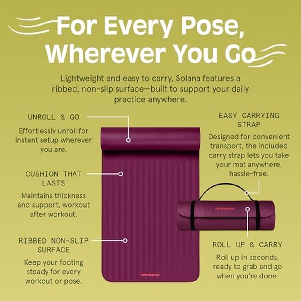 Retrospec Solana yoga mat rolled and flat showing non-slip surface and carrying strap
