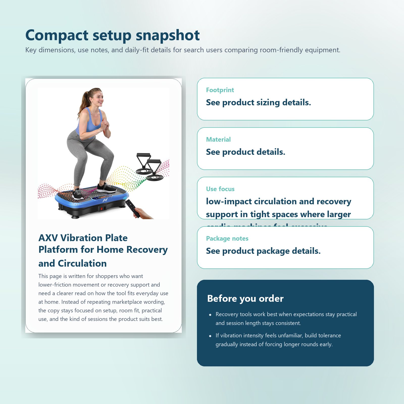 Specs and setup guide for AXV Vibration Plate Platform for Home Recovery and Circulation