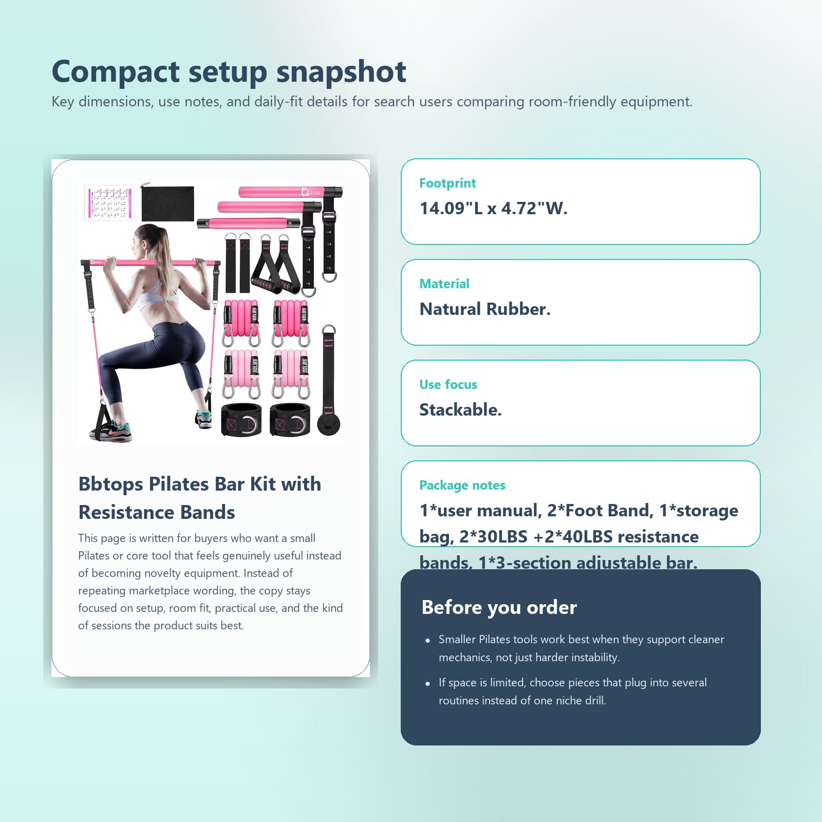 Specs and setup guide for Bbtops Pilates Bar Kit with Resistance Bands