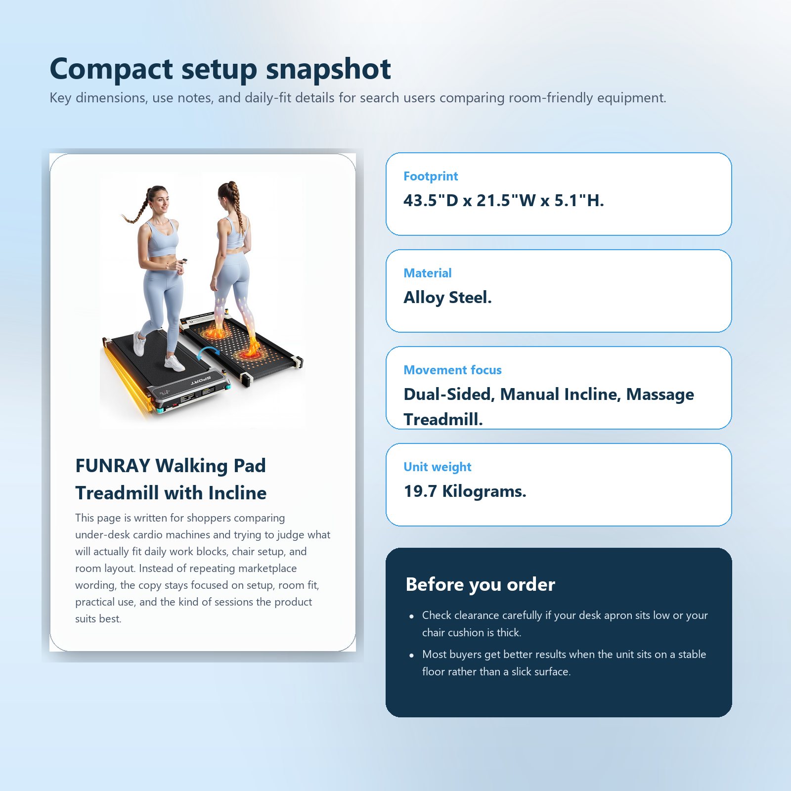 Specs and setup guide for FUNRAY Walking Pad Treadmill with Incline