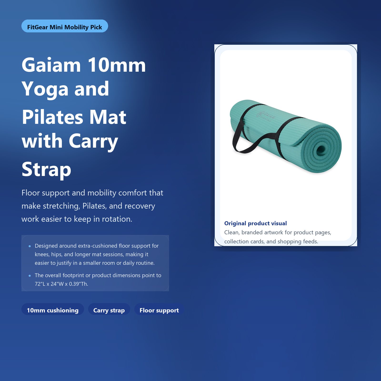 gaiam 10mm yoga and pilates mat with carry strap hero image for FitGear Mini