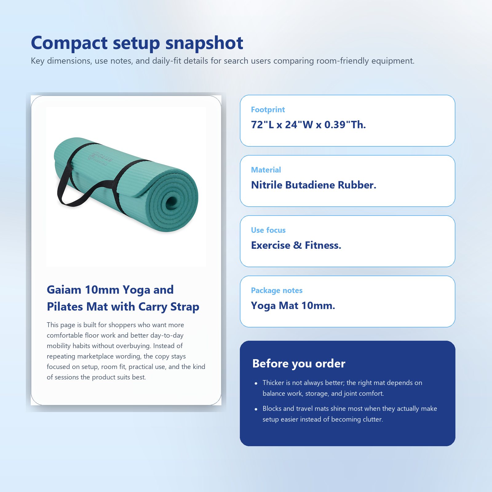 Specs and setup guide for Gaiam 10mm Yoga and Pilates Mat with Carry Strap