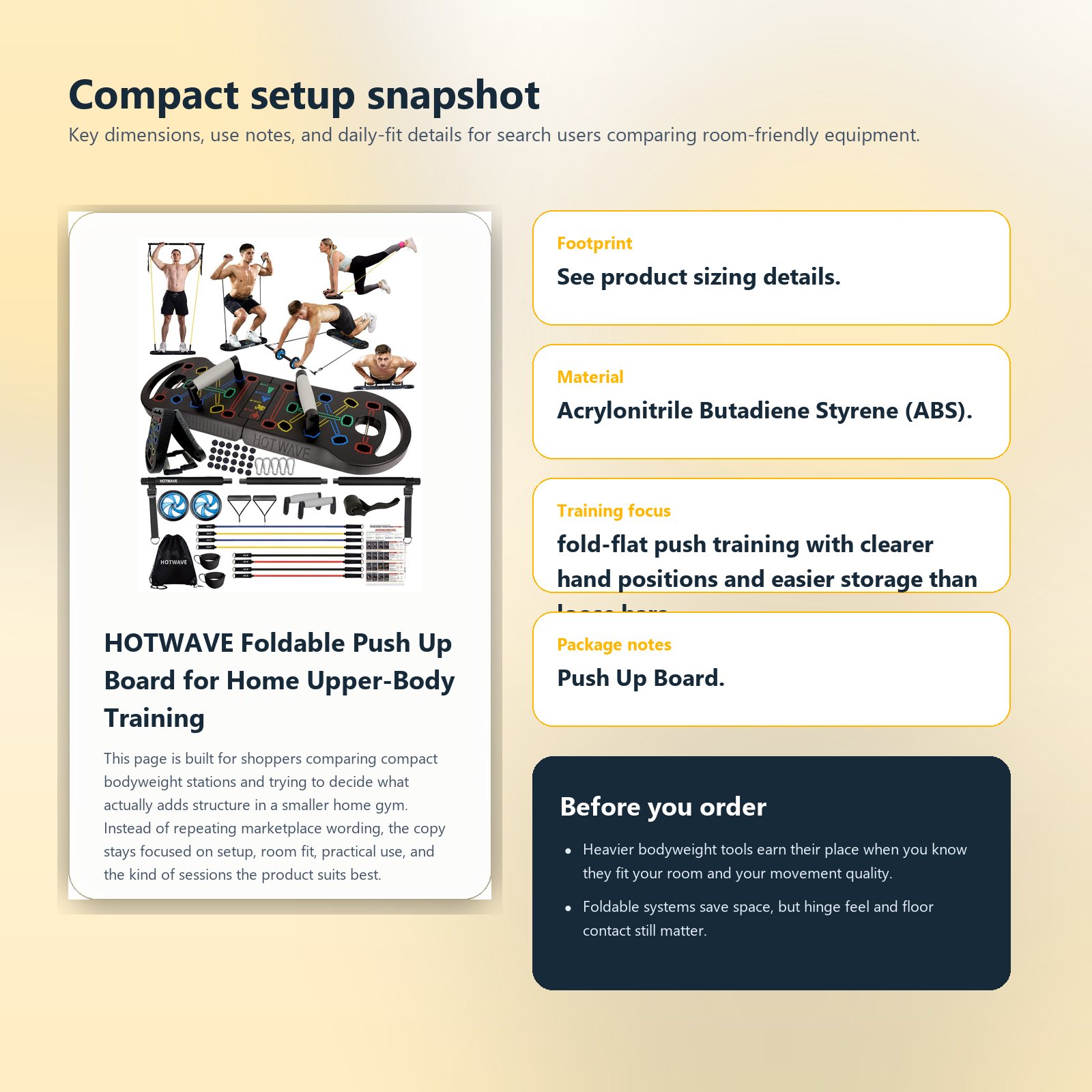 Specs and setup guide for HOTWAVE Foldable Push Up Board for Home Upper-Body Training