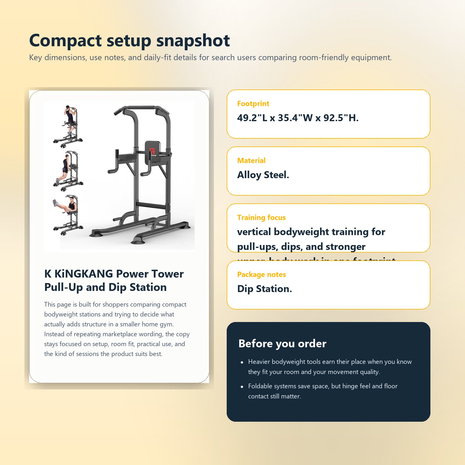 Specs and setup guide for K KiNGKANG Power Tower Pull-Up and Dip Station