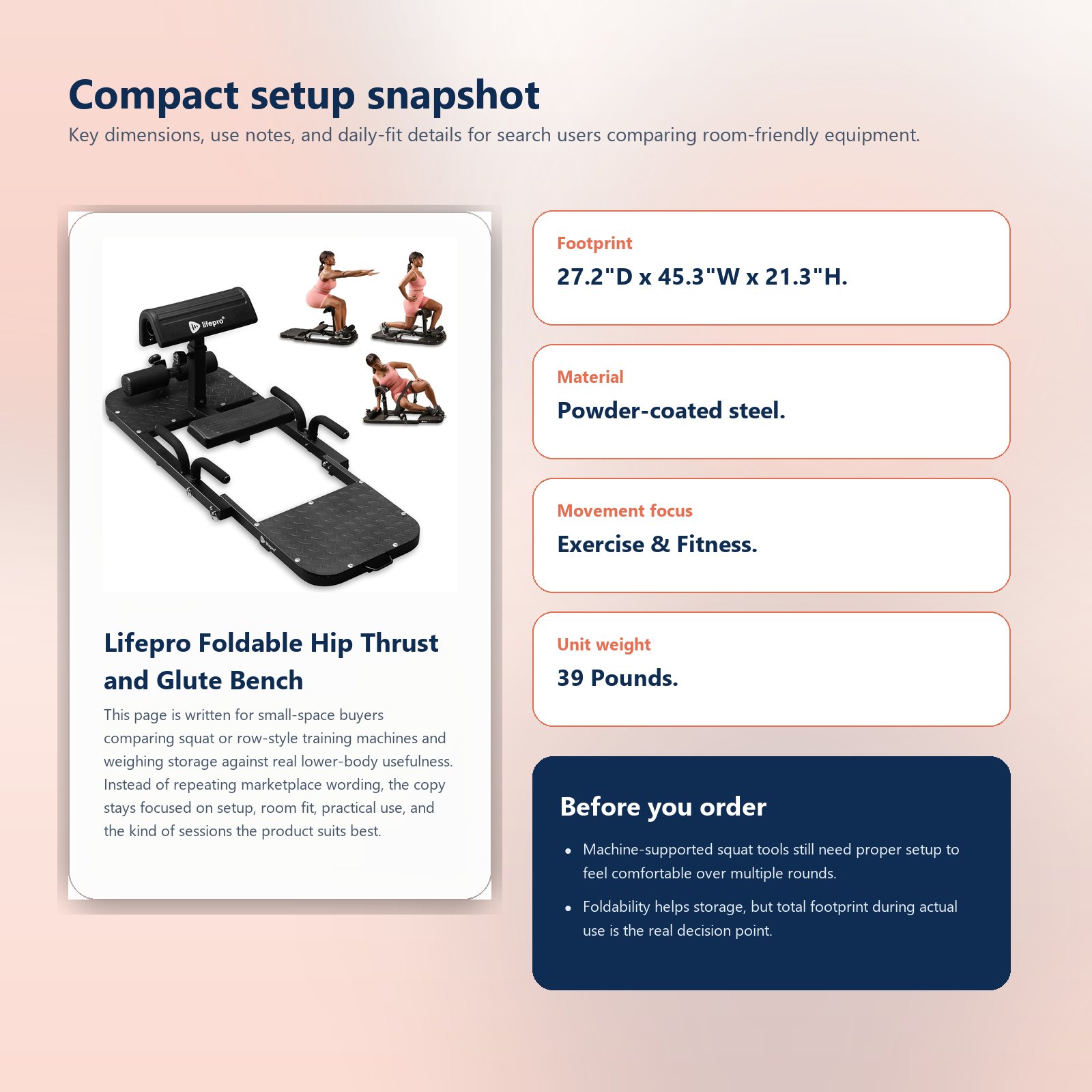 Specs and setup guide for Lifepro Foldable Hip Thrust and Glute Bench