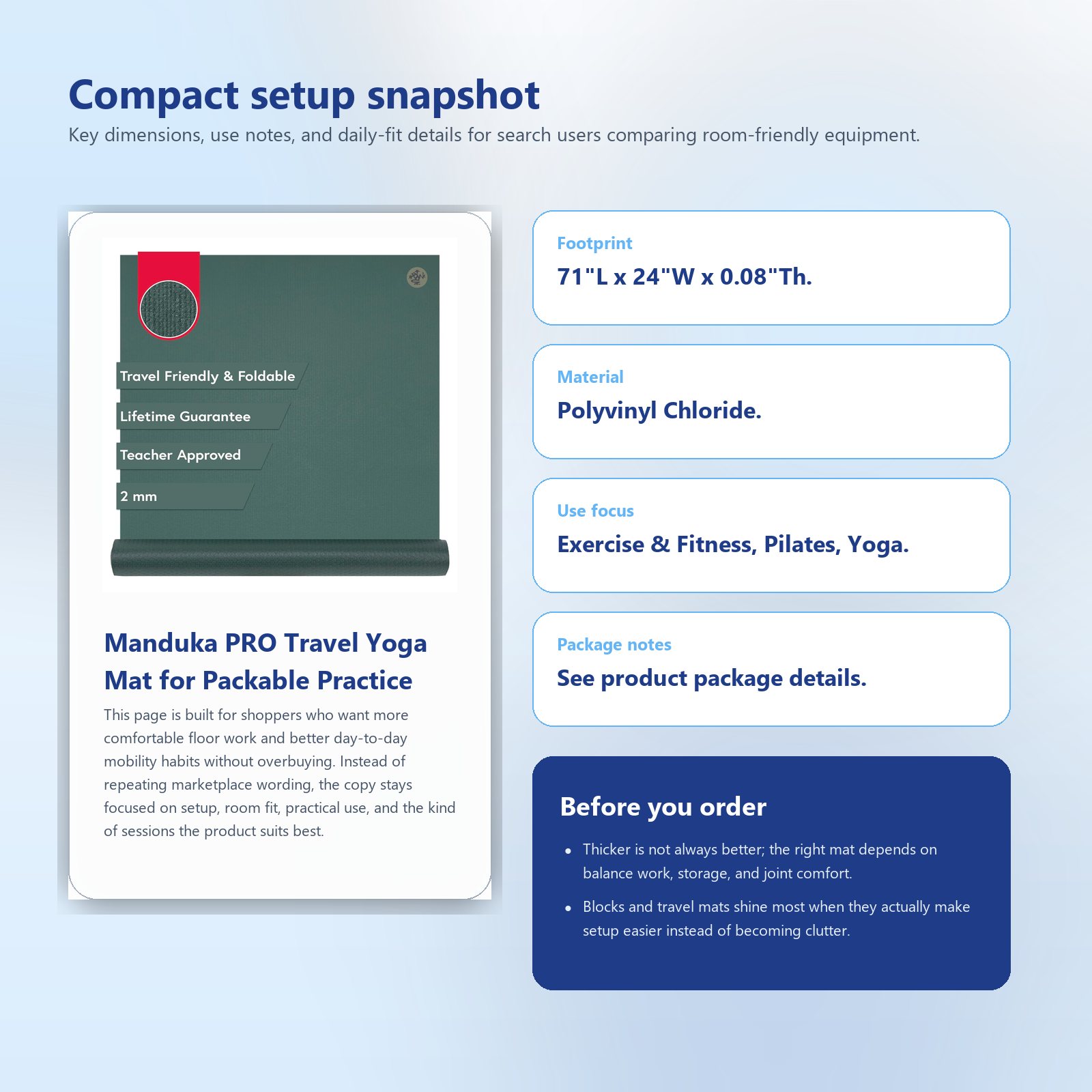 Specs and setup guide for Manduka PRO Travel Yoga Mat for Packable Practice