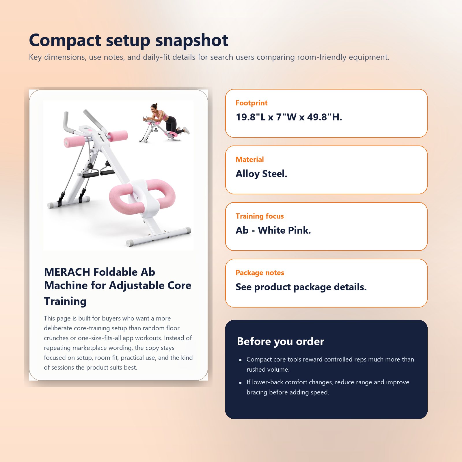 Specs and setup guide for MERACH Foldable Ab Machine for Adjustable Core Training