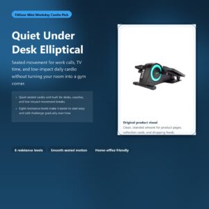 Quiet under desk elliptical staged in a home office setup for seated cardio