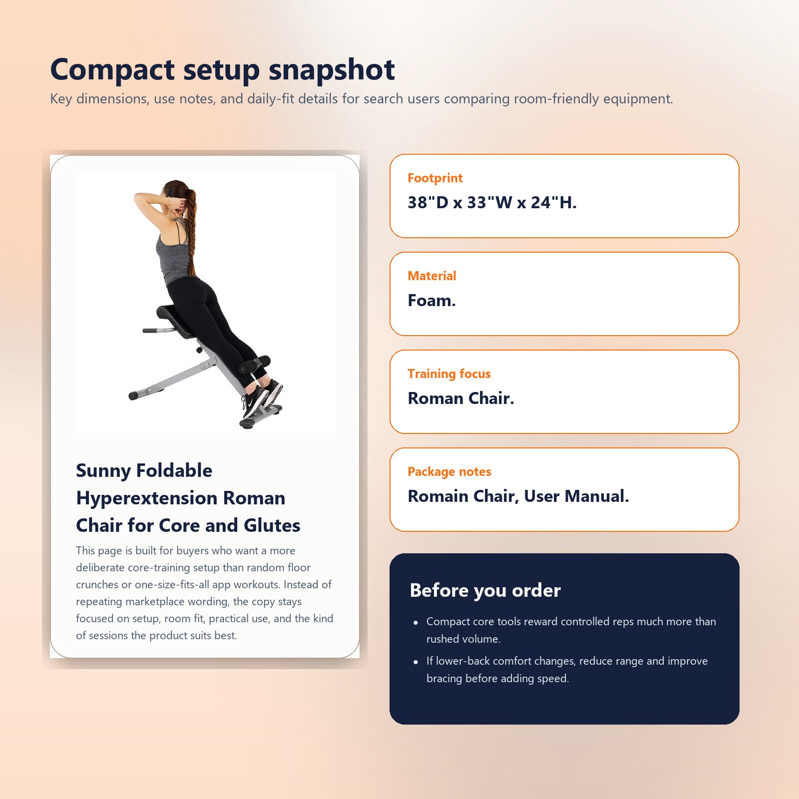 Specs and setup guide for Sunny Foldable Hyperextension Roman Chair for Core and Glutes