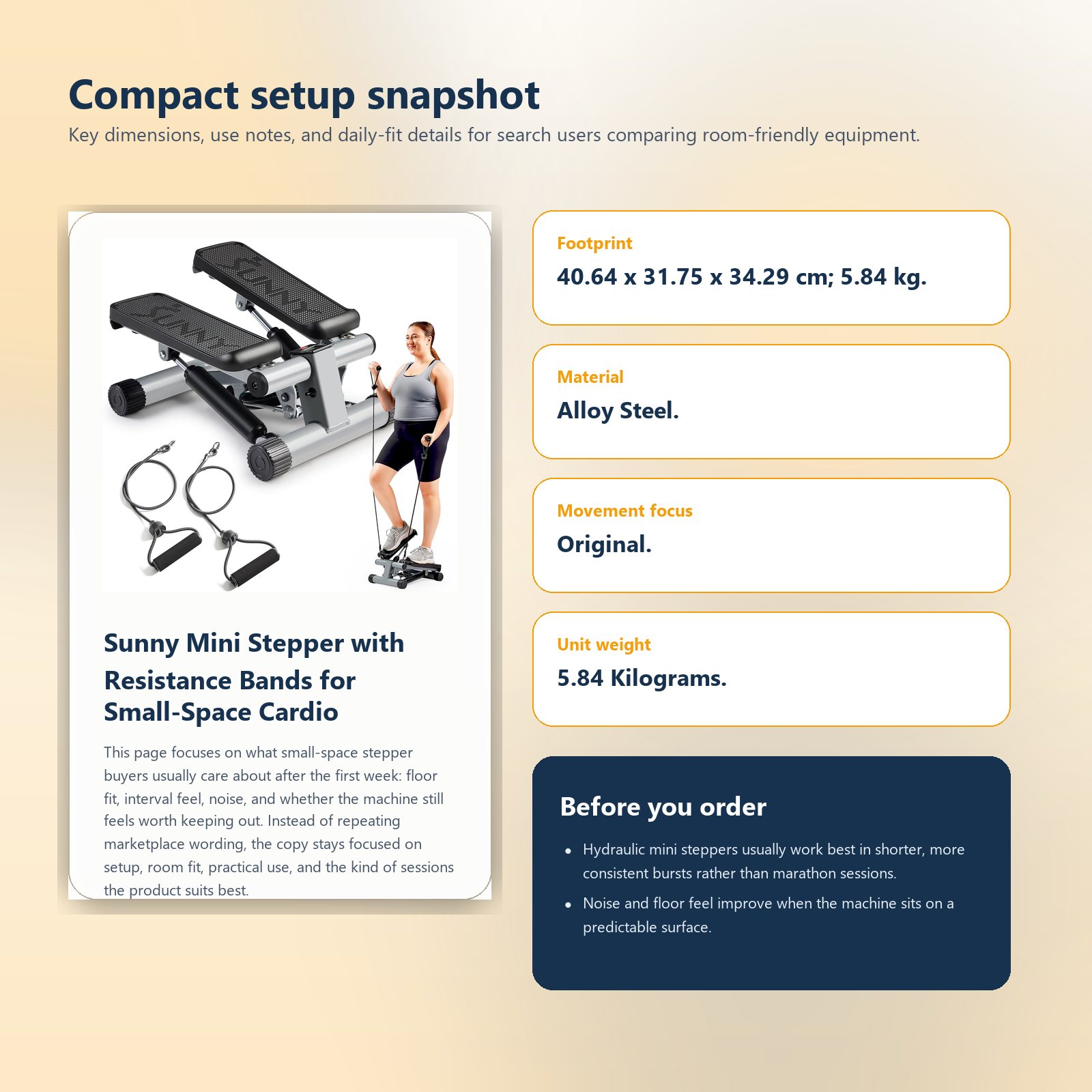 Specs and setup guide for Sunny Mini Stepper with Resistance Bands for Small-Space Cardio