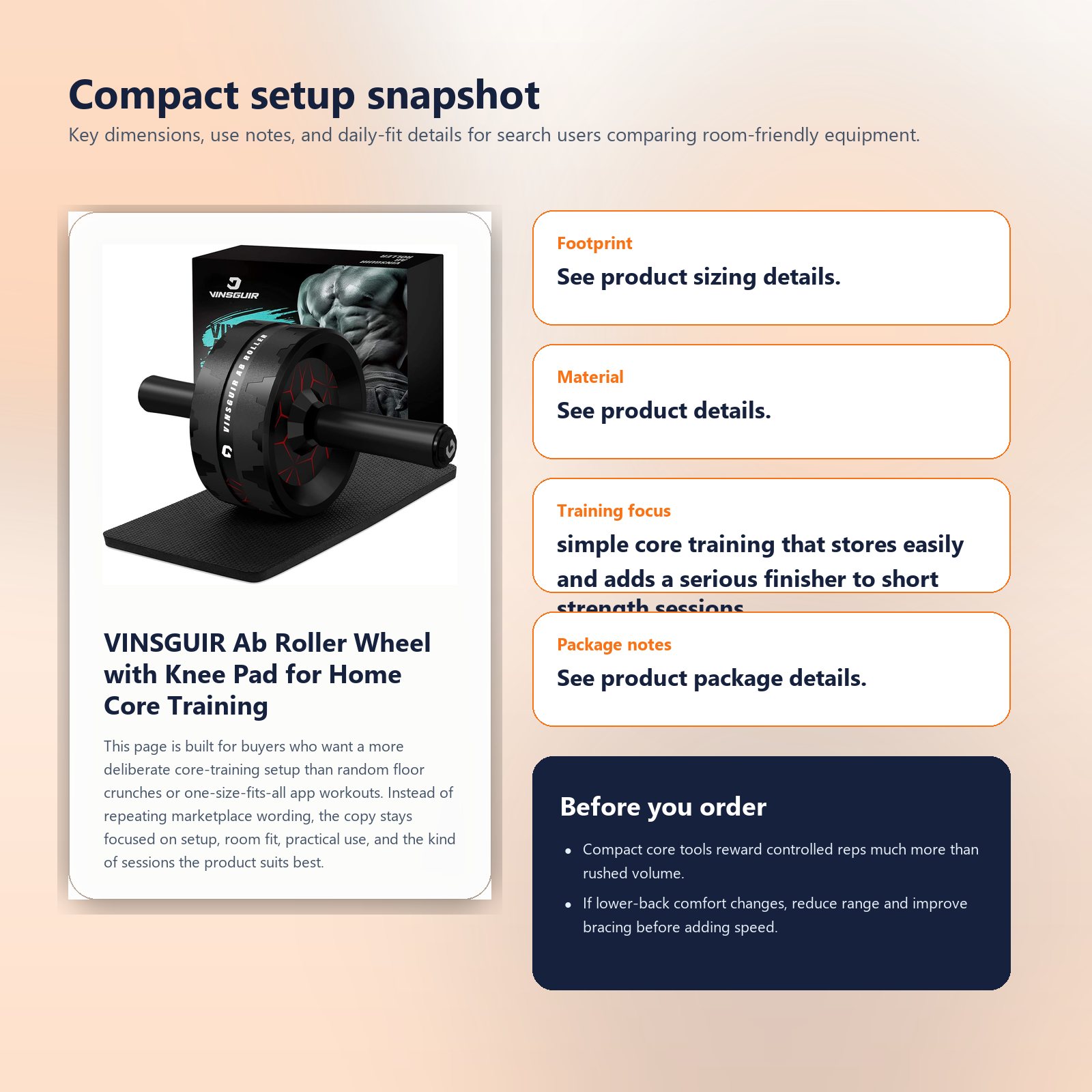 Specs and setup guide for VINSGUIR Ab Roller Wheel with Knee Pad for Home Core Training